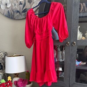 Bright Pink Puff-Sleeve Ruffle Hem Casual Dress
